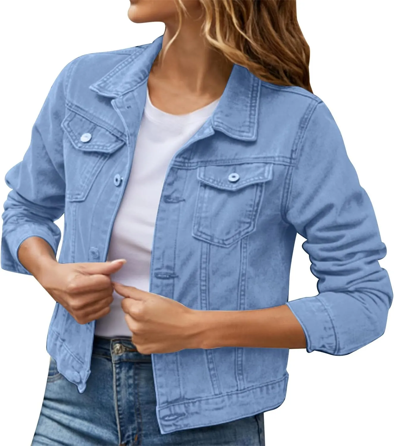 Women's Stretch Denim Jacket Basic Solid Button Down Jean Coat Relaxed Fitted Long Sleeves Shacket Outerwear with Pockets