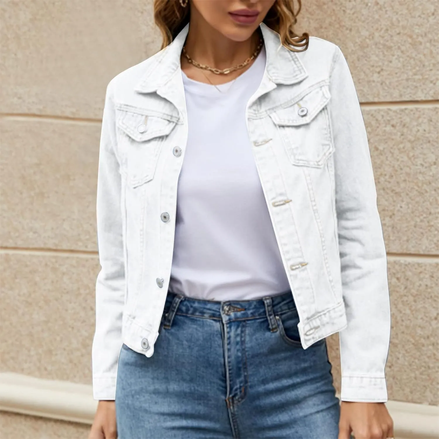 Women's Stretch Denim Jacket Basic Solid Button Down Jean Coat Relaxed Fitted Long Sleeves Shacket Outerwear with Pockets