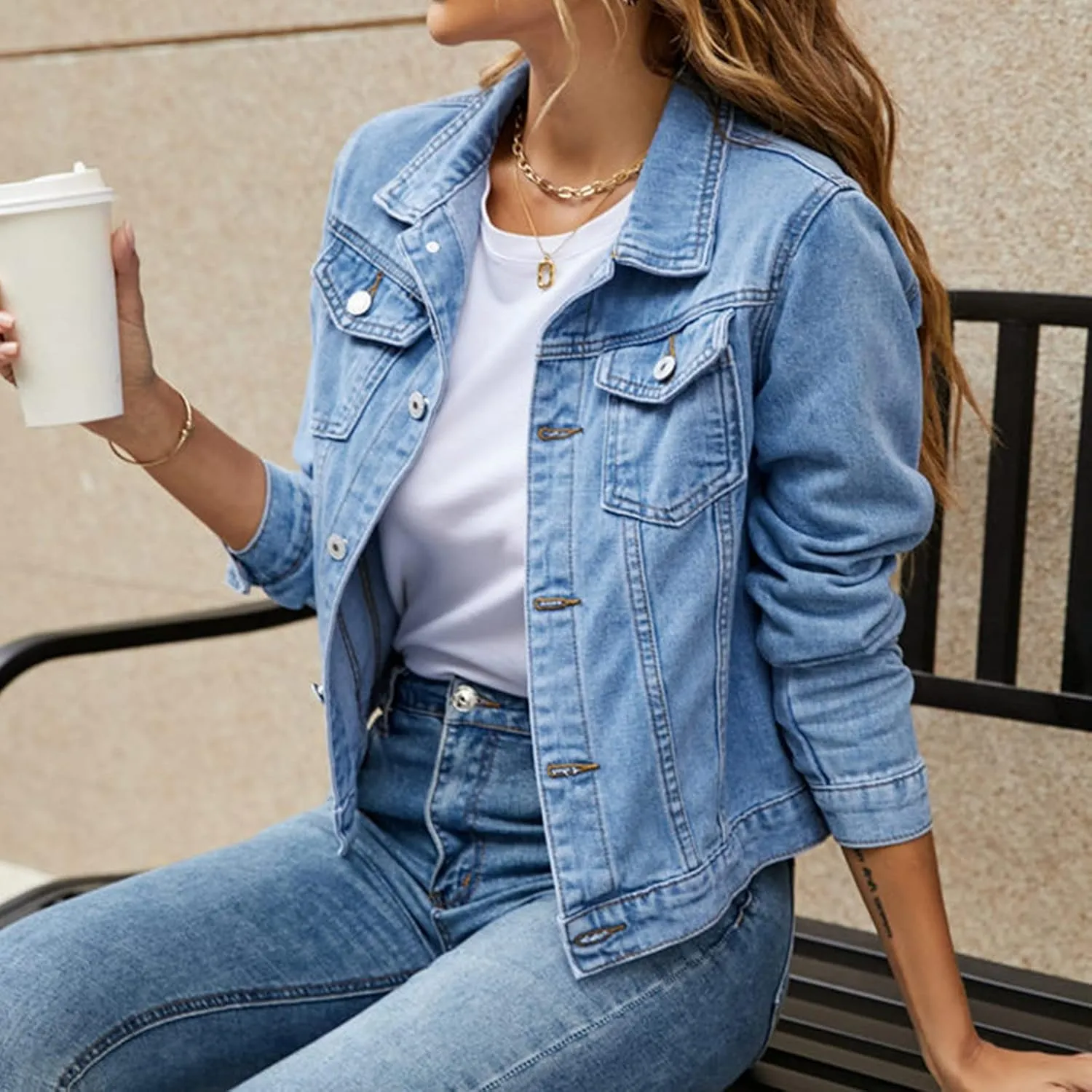 Women's Stretch Denim Jacket Basic Solid Button Down Jean Coat Relaxed Fitted Long Sleeves Shacket Outerwear with Pockets