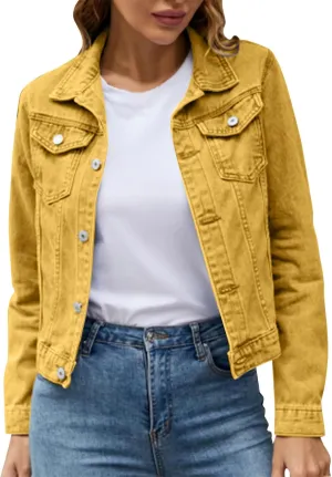 Women's Stretch Denim Jacket Basic Solid Button Down Jean Coat Relaxed Fitted Long Sleeves Shacket Outerwear with Pockets