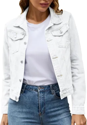 Women's Stretch Denim Jacket Basic Solid Button Down Jean Coat Relaxed Fitted Long Sleeves Shacket Outerwear with Pockets