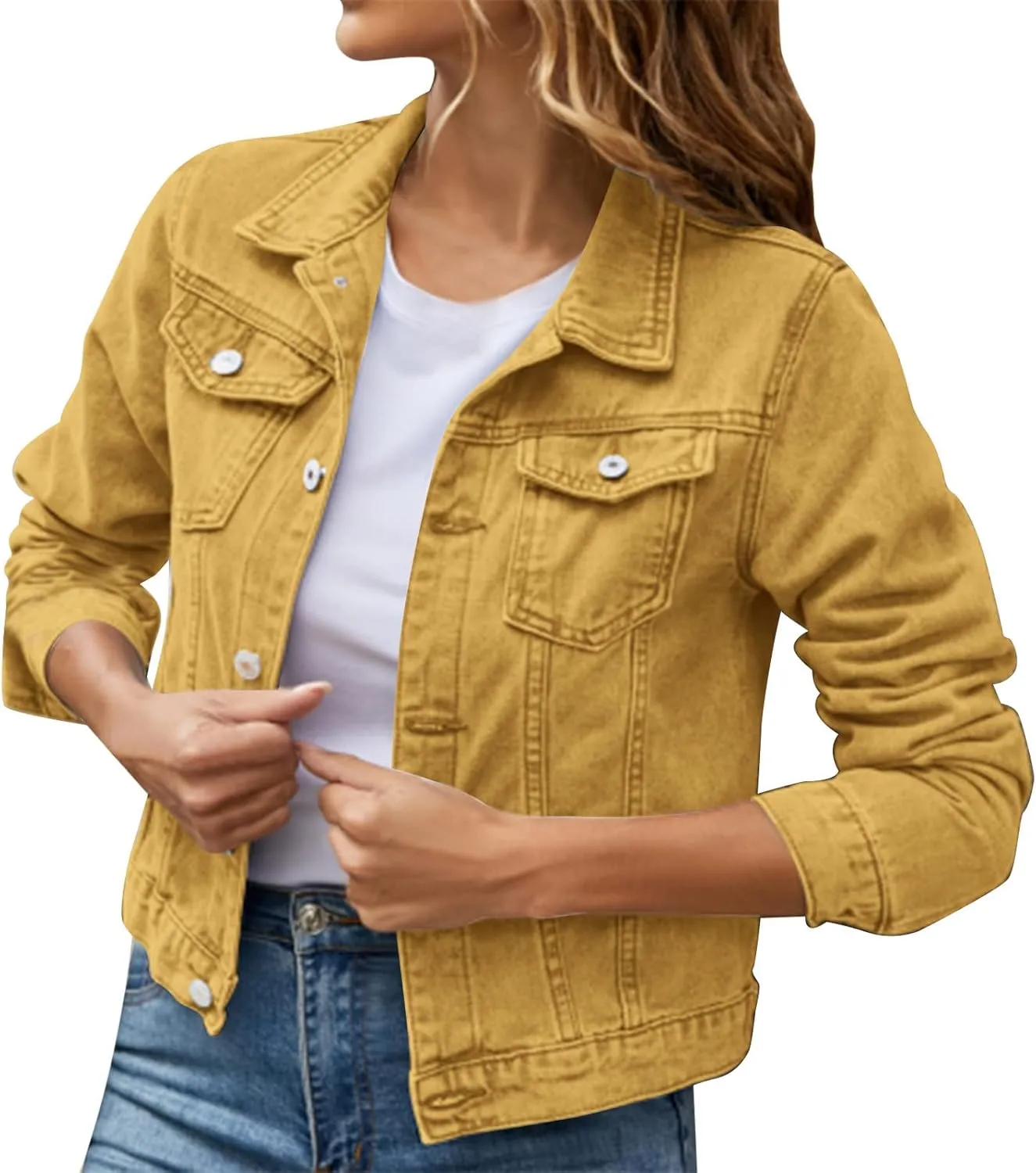 Women's Stretch Denim Jacket Basic Solid Button Down Jean Coat Relaxed Fitted Long Sleeves Shacket Outerwear with Pockets