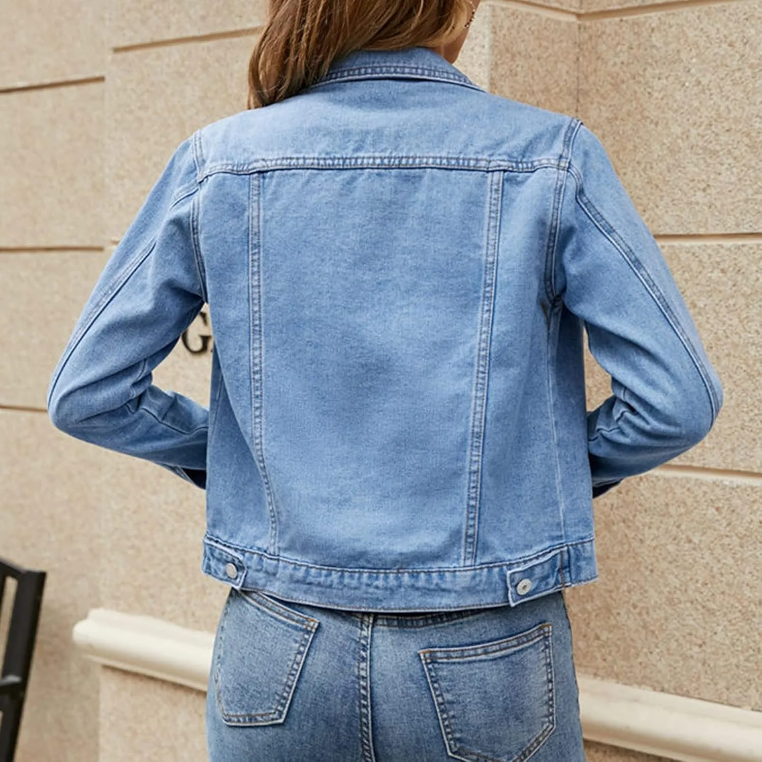 Women's Stretch Denim Jacket Basic Solid Button Down Jean Coat Relaxed Fitted Long Sleeves Shacket Outerwear with Pockets