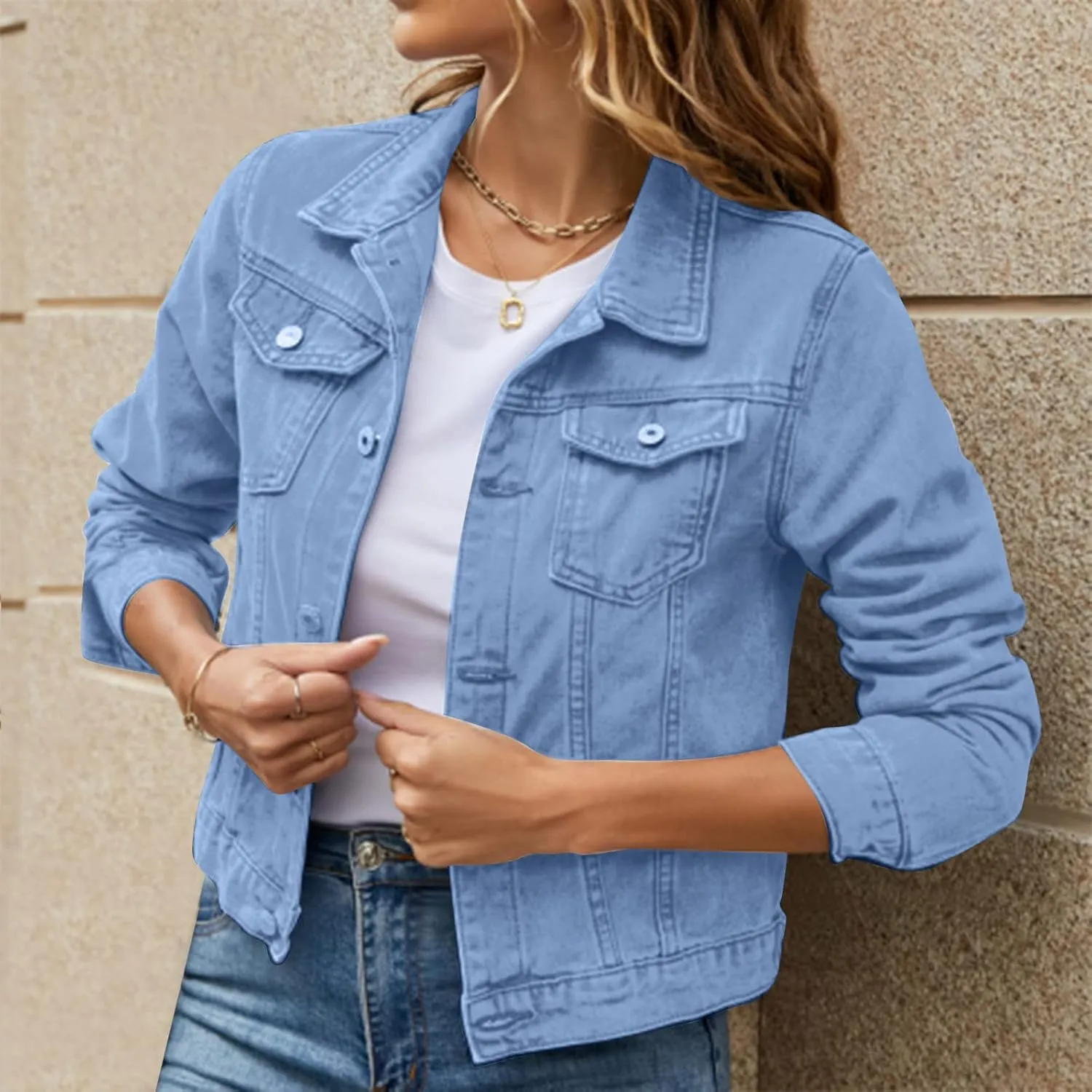 Women's Stretch Denim Jacket Basic Solid Button Down Jean Coat Relaxed Fitted Long Sleeves Shacket Outerwear with Pockets