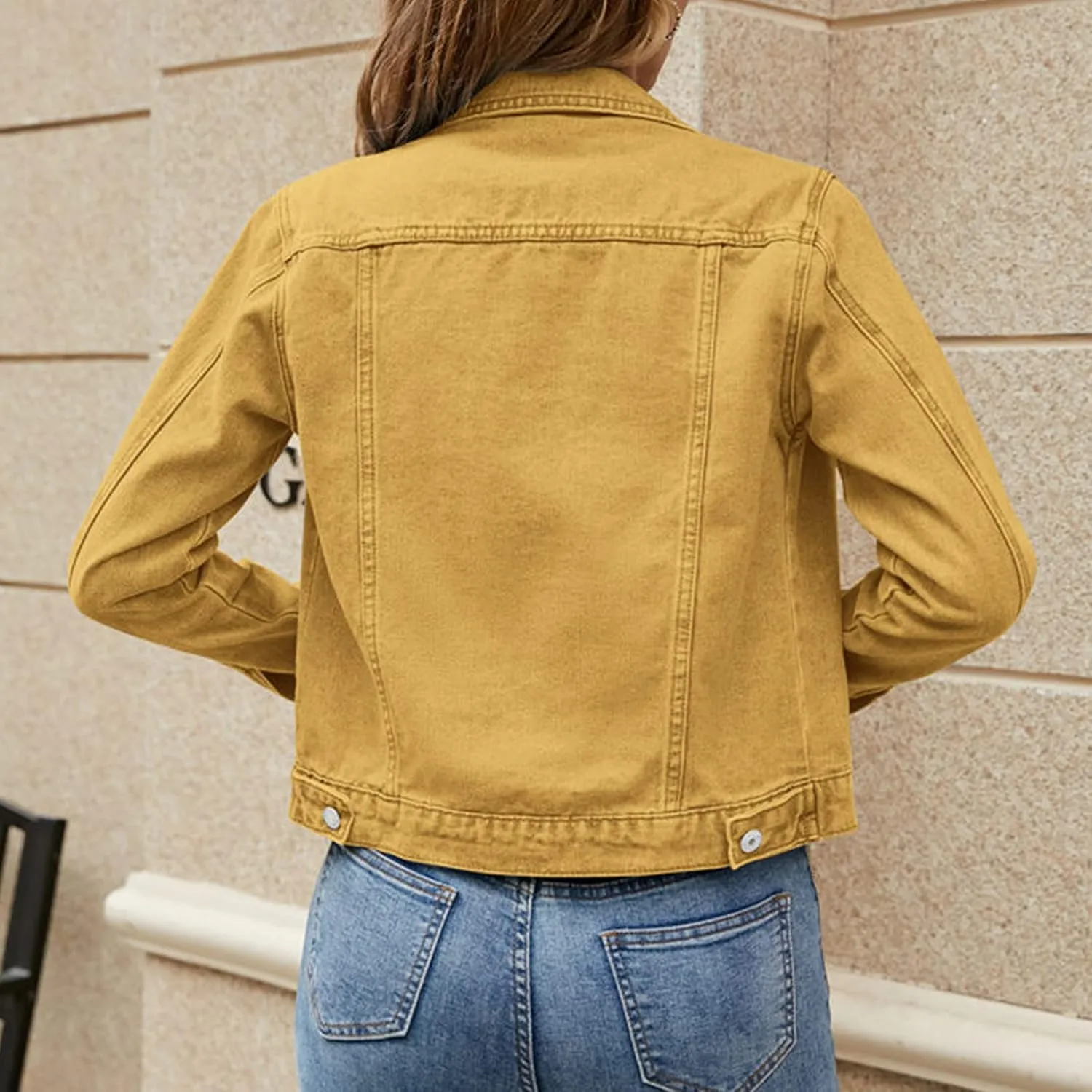 Women's Stretch Denim Jacket Basic Solid Button Down Jean Coat Relaxed Fitted Long Sleeves Shacket Outerwear with Pockets