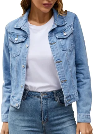 Women's Stretch Denim Jacket Basic Solid Button Down Jean Coat Relaxed Fitted Long Sleeves Shacket Outerwear with Pockets