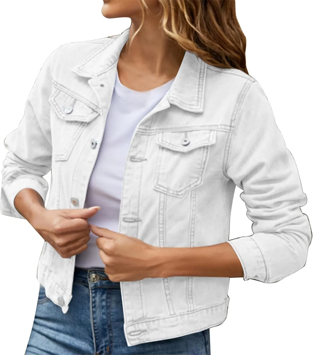 Women's Stretch Denim Jacket Basic Solid Button Down Jean Coat Relaxed Fitted Long Sleeves Shacket Outerwear with Pockets