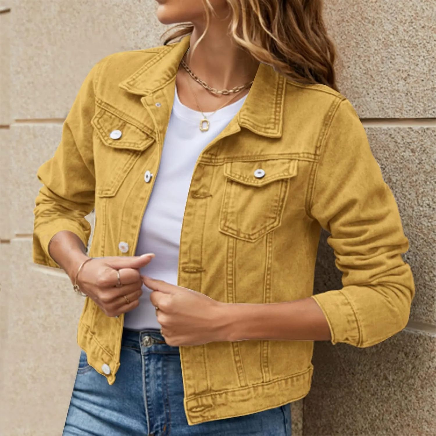 Women's Stretch Denim Jacket Basic Solid Button Down Jean Coat Relaxed Fitted Long Sleeves Shacket Outerwear with Pockets