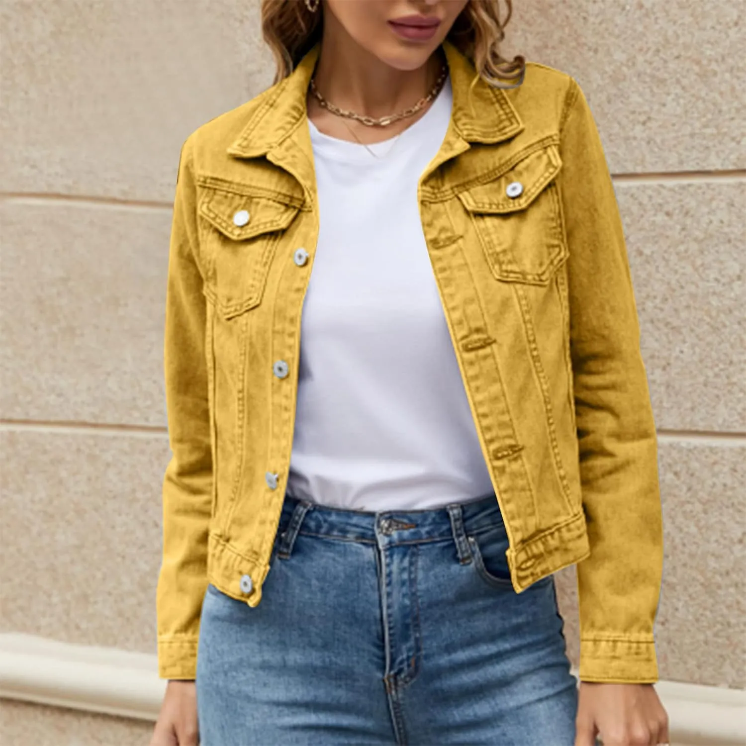Women's Stretch Denim Jacket Basic Solid Button Down Jean Coat Relaxed Fitted Long Sleeves Shacket Outerwear with Pockets