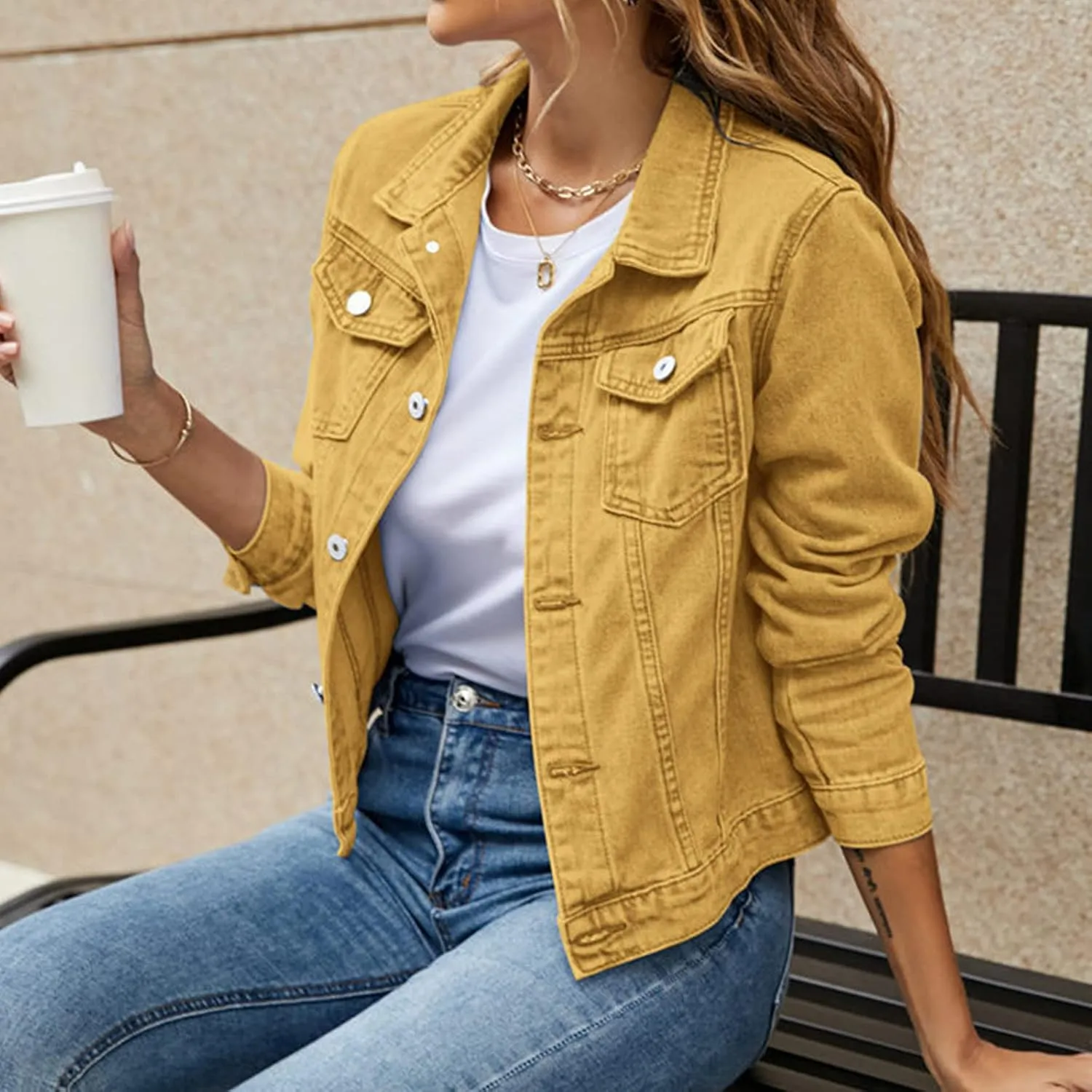Women's Stretch Denim Jacket Basic Solid Button Down Jean Coat Relaxed Fitted Long Sleeves Shacket Outerwear with Pockets