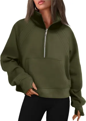 Womens Sweatshirts Half Zip Cropped Pullover Fleece Quarter Zipper Hoodies 2024 Fall Sweatshirts Thumb Hole Tops