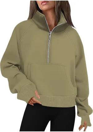 Womens Sweatshirts with Thumb Hole Half Zipper Fleece Athletic Pullovers Mock Neck Fall Winter Oversized Sweat Shirt