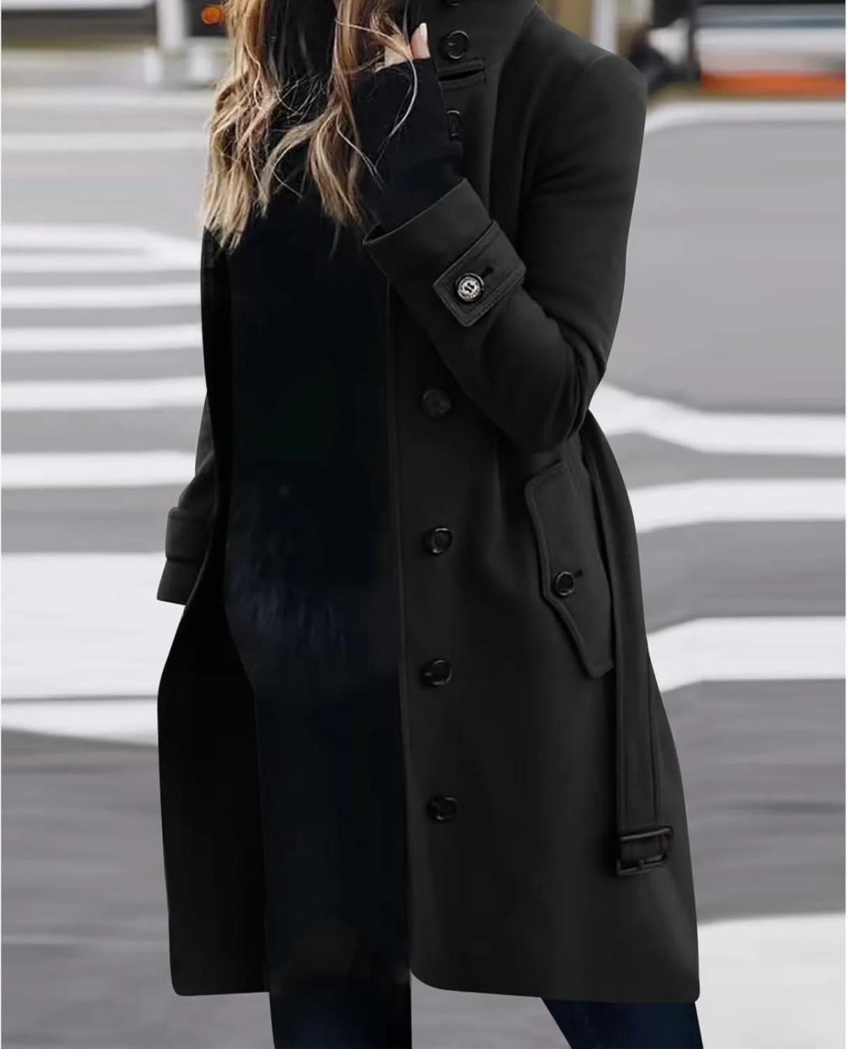 Womens Trench Coat Single Breasted Belted Coats Oversized Thick Warm Outerwear Stand Collar Winter Wool Blend Outwear