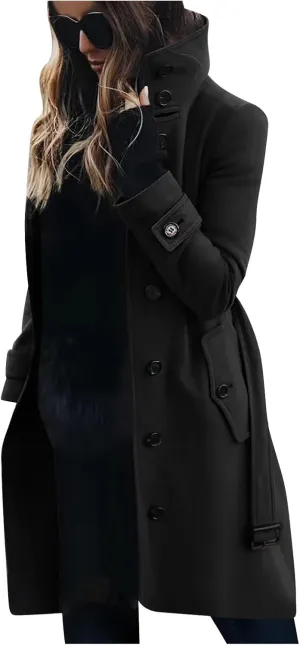 Womens Trench Coat Single Breasted Belted Coats Oversized Thick Warm Outerwear Stand Collar Winter Wool Blend Outwear