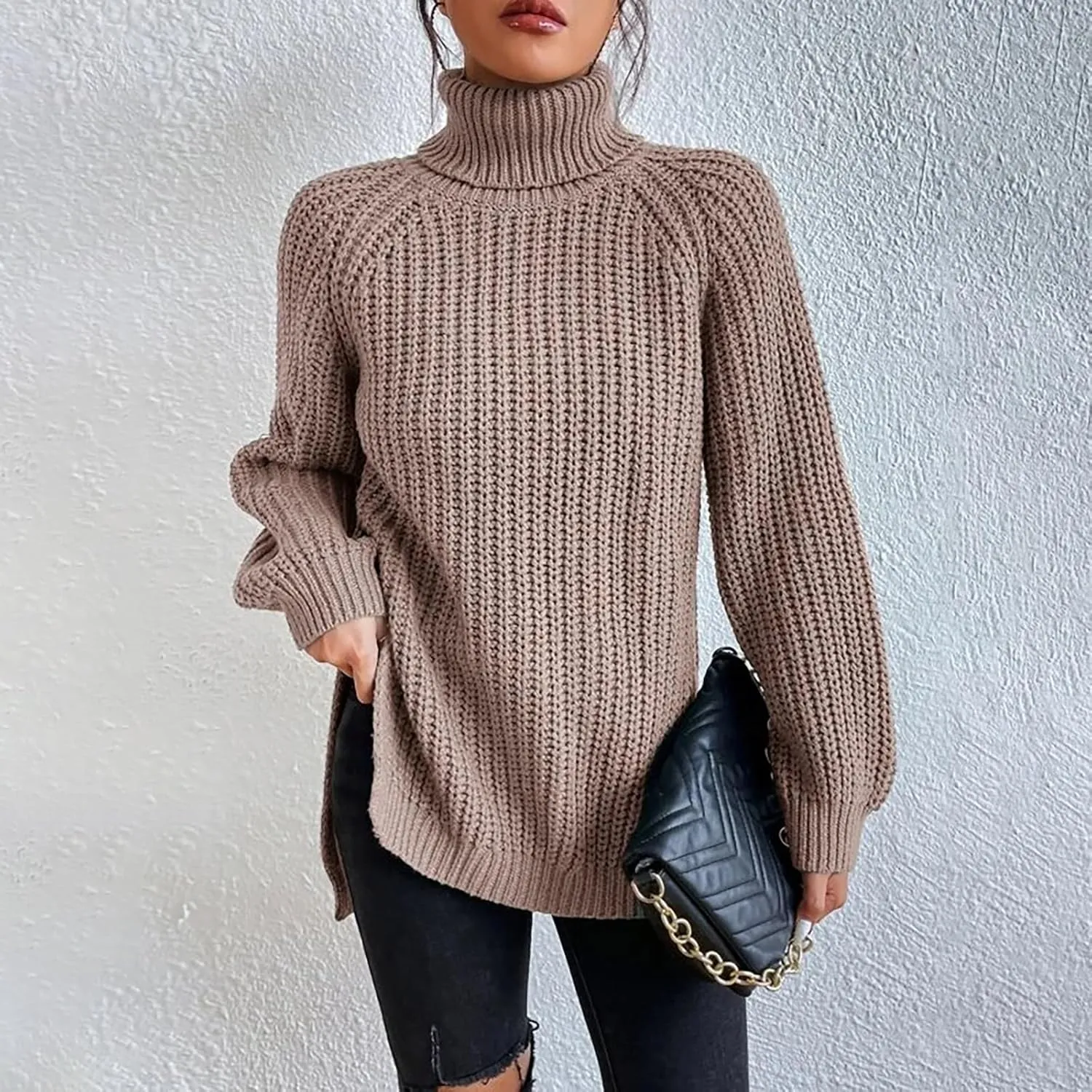 Women's Turtleneck Ribbed Knit Pullover Sweaters 2023 Fall Long Sleeve Soft Classic Solid Color Fitted Sweater Tops