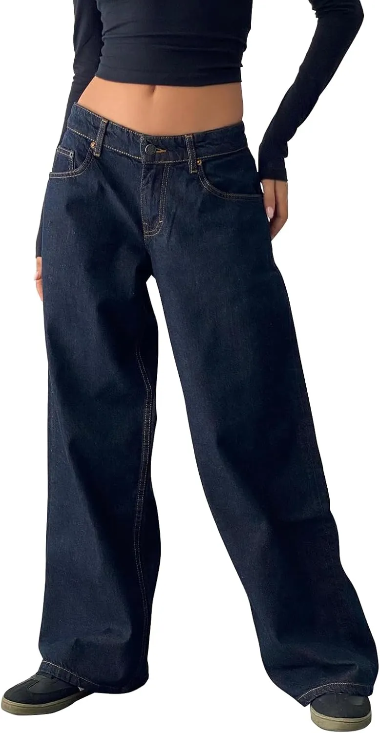 Women's Wide Leg Boyfriend Denim Pants - Low Rise Baggy Casual Loose Jeans - Y2K E-Girl Style