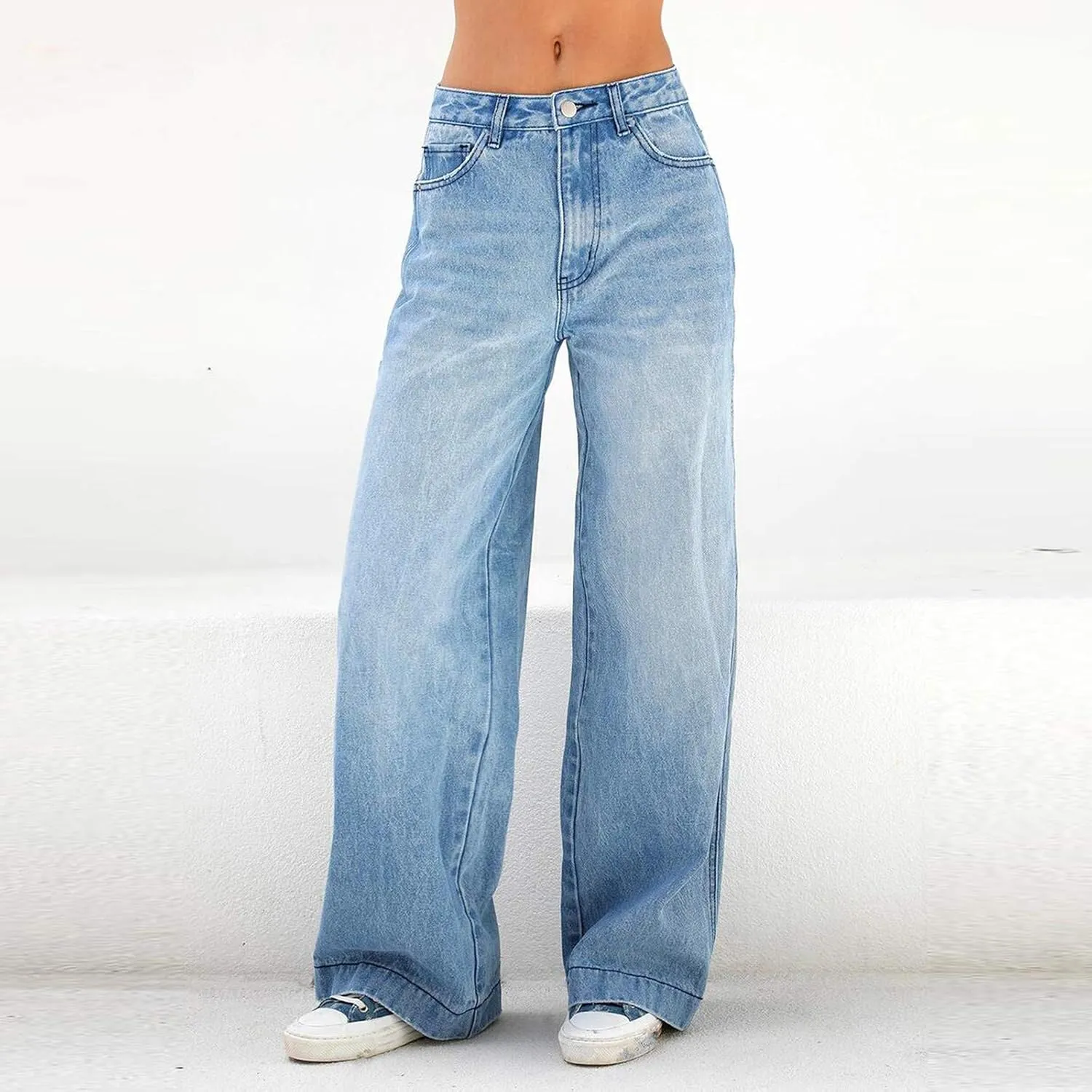 Women's Wide Leg Boyfriend Jeans, Straight Leg Denim Pants, Low Rise Baggy Casual Loose Jeans