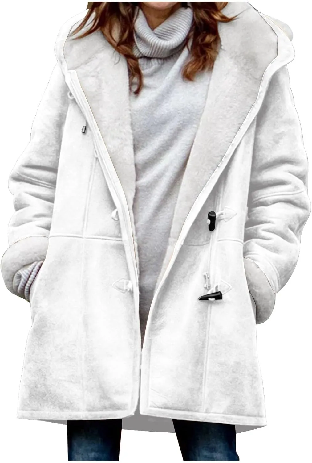Women's Winter Coats Fleece Lined Jackets Button Down Sherpa Jacket Mid Length Warm Coat with Hood Plus Size Overcoat