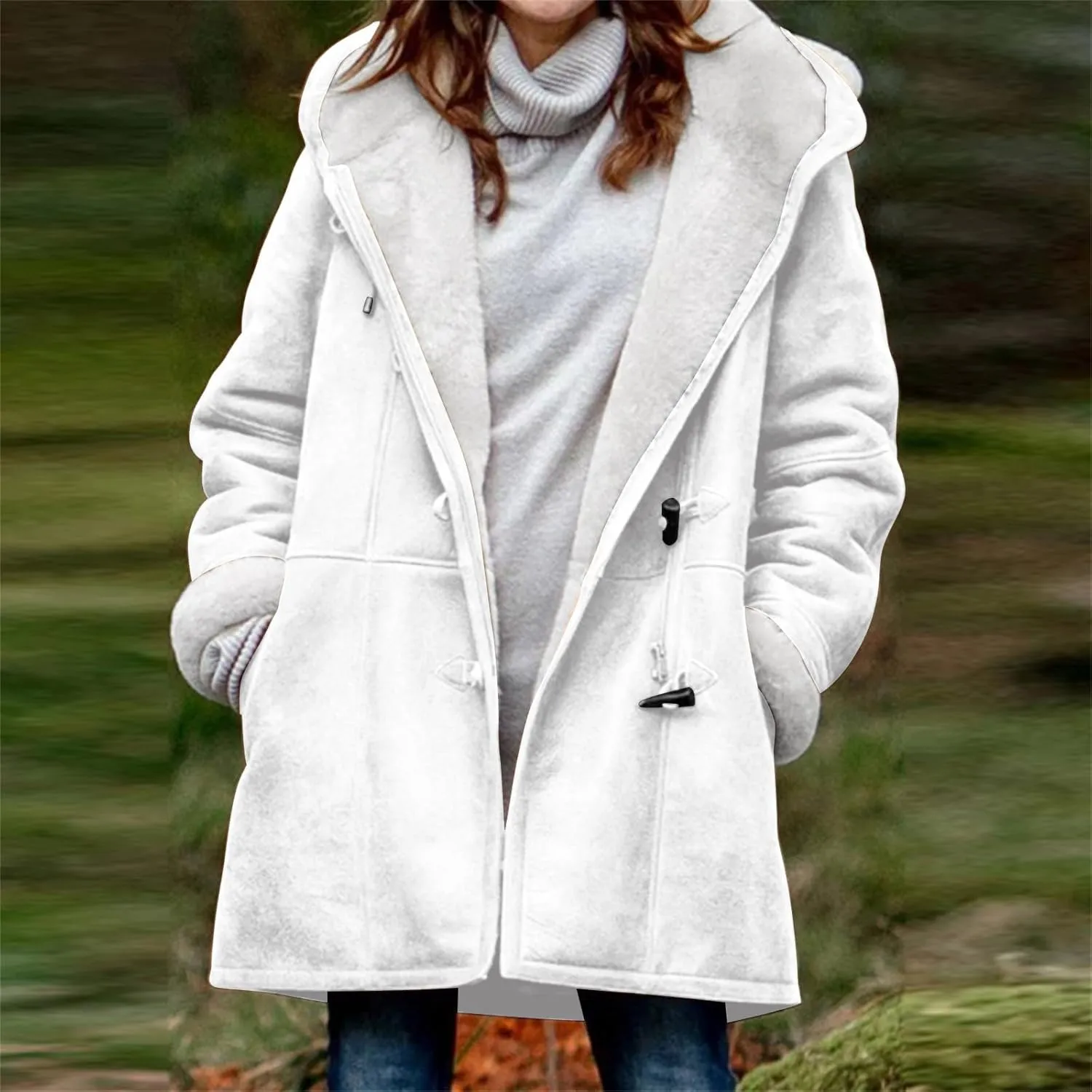 Women's Winter Coats Fleece Lined Jackets Button Down Sherpa Jacket Mid Length Warm Coat with Hood Plus Size Overcoat