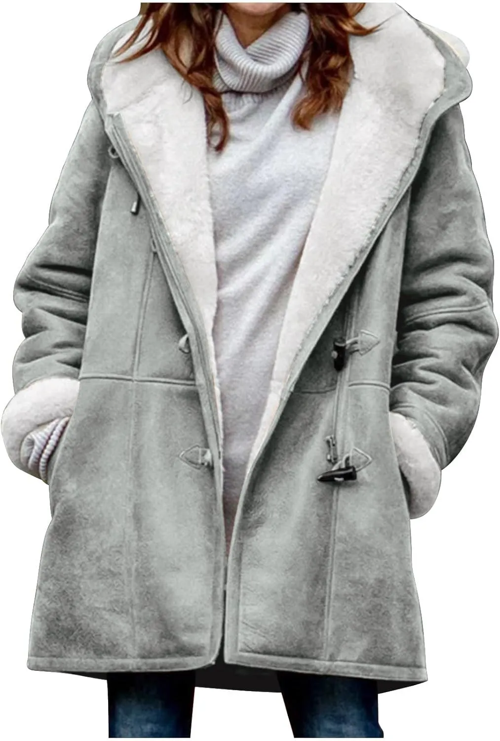 Women's Winter Coats Fleece Lined Jackets Button Down Sherpa Jacket Mid Length Warm Coat with Hood Plus Size Overcoat
