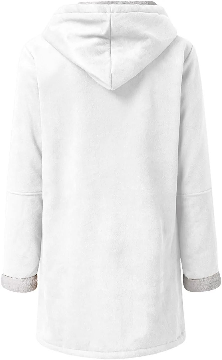 Women's Winter Coats Fleece Lined Jackets Button Down Sherpa Jacket Mid Length Warm Coat with Hood Plus Size Overcoat
