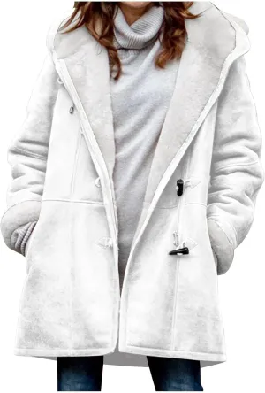Women's Winter Coats Fleece Lined Jackets Button Down Sherpa Jacket Mid Length Warm Coat with Hood Plus Size Overcoat