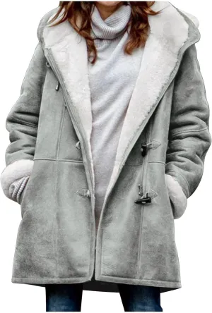 Women's Winter Coats Fleece Lined Jackets Button Down Sherpa Jacket Mid Length Warm Coat with Hood Plus Size Overcoat