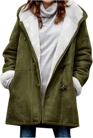 Women's Winter Coats Fleece Lined Jackets Button Down Sherpa Jacket Mid Length Warm Coat with Hood Plus Size Overcoat
