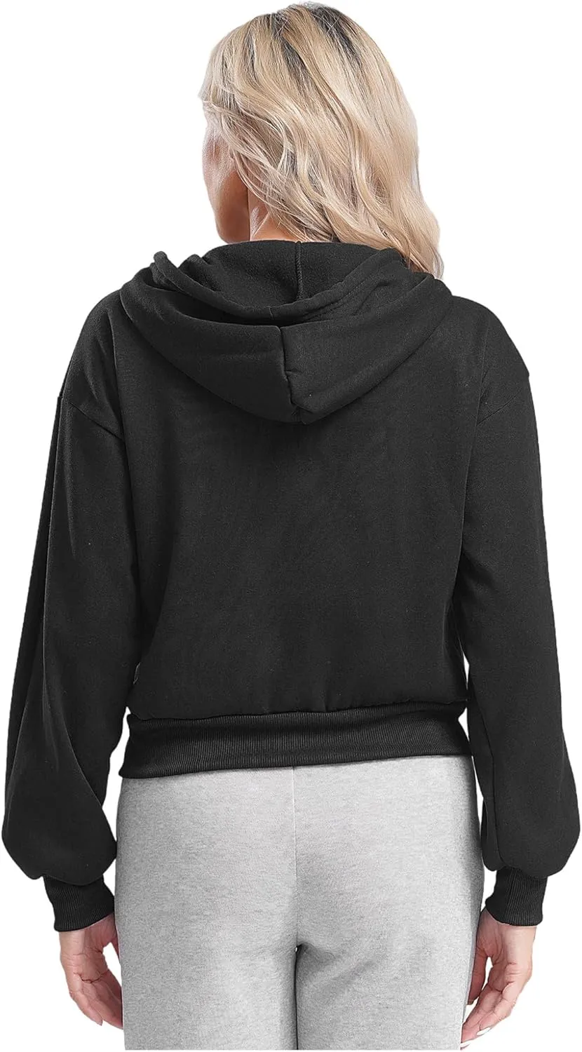 Women's Zip Up Hoodies Fleece-Lined Cropped Long Sleeve Sweatshirts with Pockets Casual Cropped Hoodie