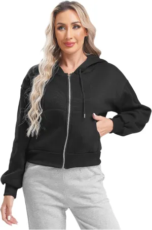 Women's Zip Up Hoodies Fleece-Lined Cropped Long Sleeve Sweatshirts with Pockets Casual Cropped Hoodie