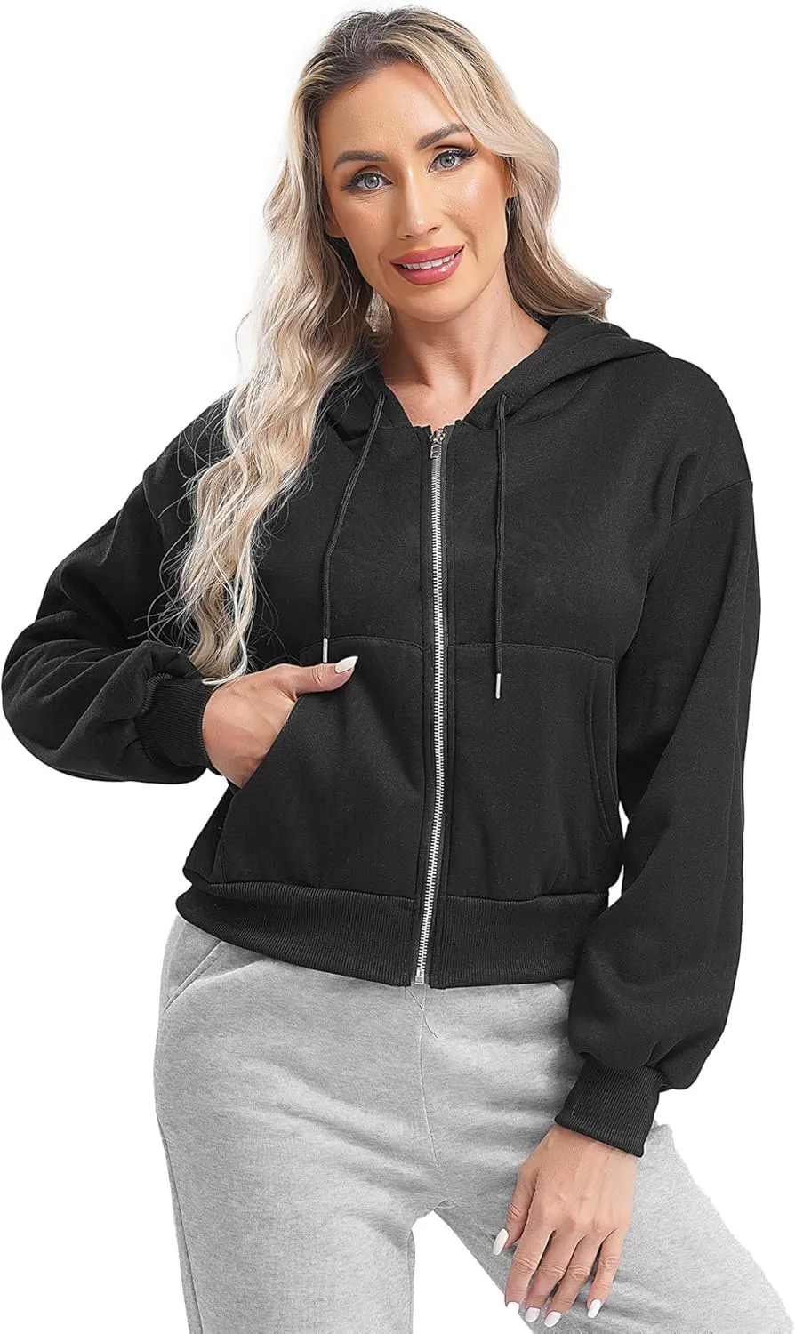 Women's Zip Up Hoodies Fleece-Lined Cropped Long Sleeve Sweatshirts with Pockets Casual Cropped Hoodie