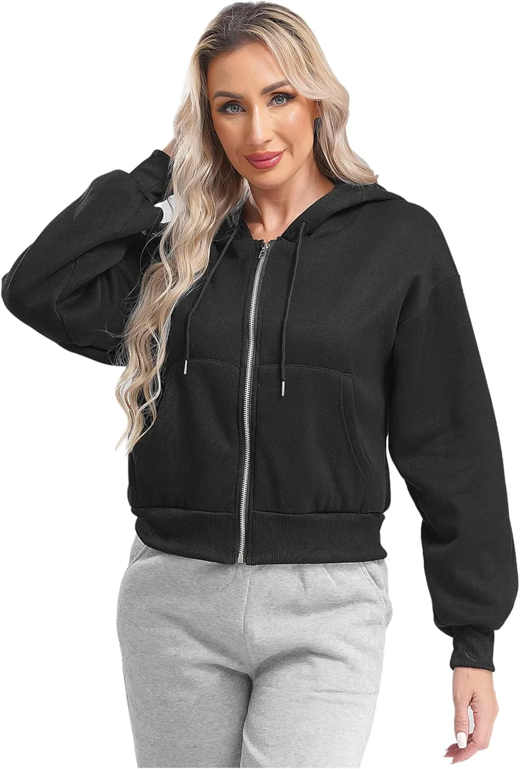 Women's Zip Up Hoodies Fleece-Lined Cropped Long Sleeve Sweatshirts with Pockets Casual Cropped Hoodie