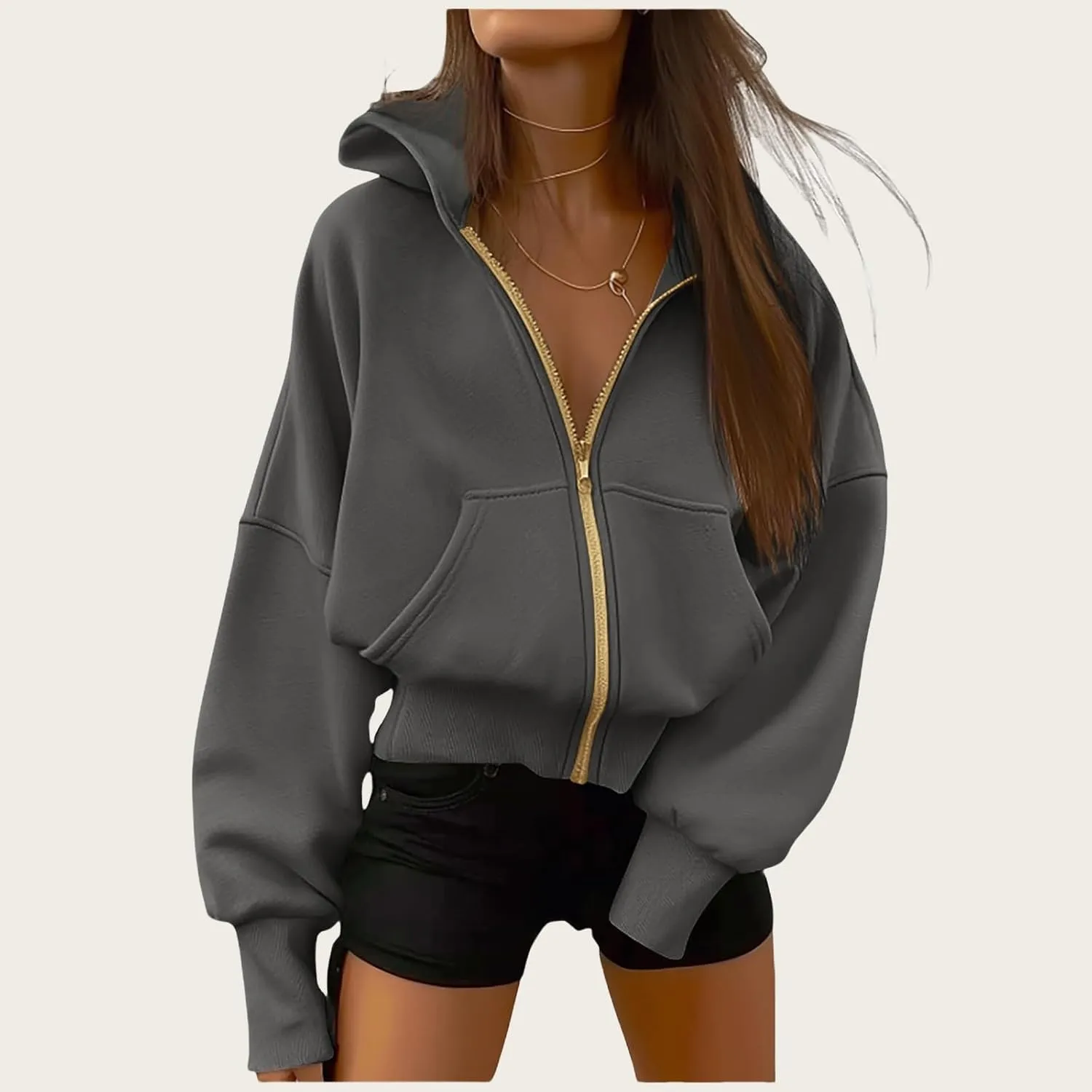 Womens Zip Up Hoodies Long Sleeve Loose Fit Jackets Fashion Fleece Cropped Jackets with Pockets