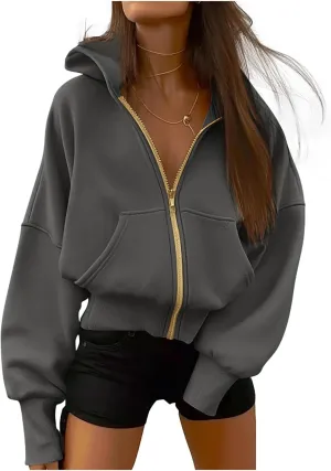 Womens Zip Up Hoodies Long Sleeve Loose Fit Jackets Fashion Fleece Cropped Jackets with Pockets