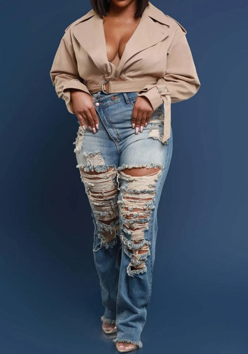 YOOTIKO Womens Skinny Ripped Jeans Crossover High Waisted Boyfriend Stretch Distressed Denim Pants