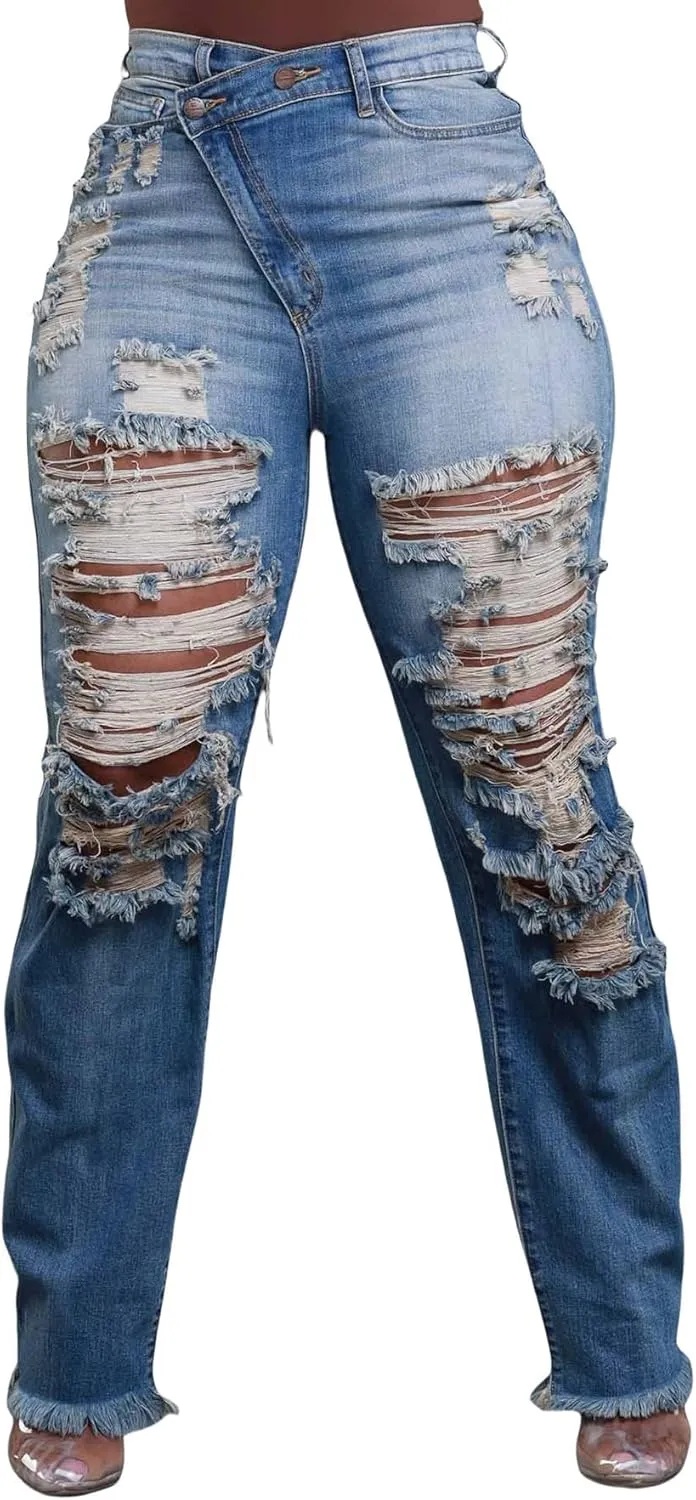YOOTIKO Womens Skinny Ripped Jeans Crossover High Waisted Boyfriend Stretch Distressed Denim Pants