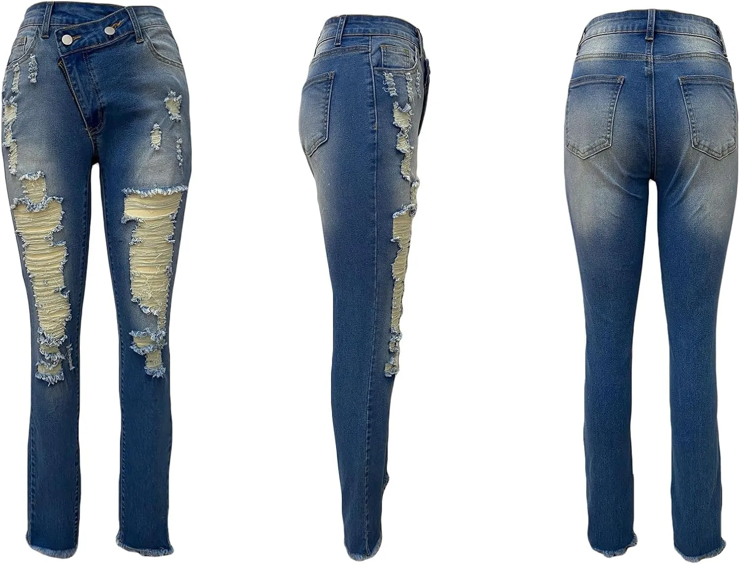 YOOTIKO Womens Skinny Ripped Jeans Crossover High Waisted Boyfriend Stretch Distressed Denim Pants