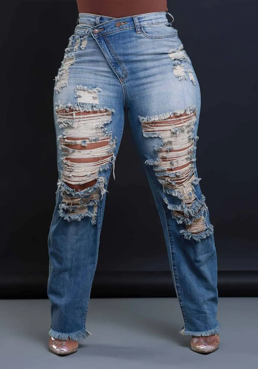 YOOTIKO Womens Skinny Ripped Jeans Crossover High Waisted Boyfriend Stretch Distressed Denim Pants