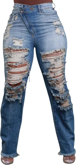 YOOTIKO Womens Skinny Ripped Jeans Crossover High Waisted Boyfriend Stretch Distressed Denim Pants