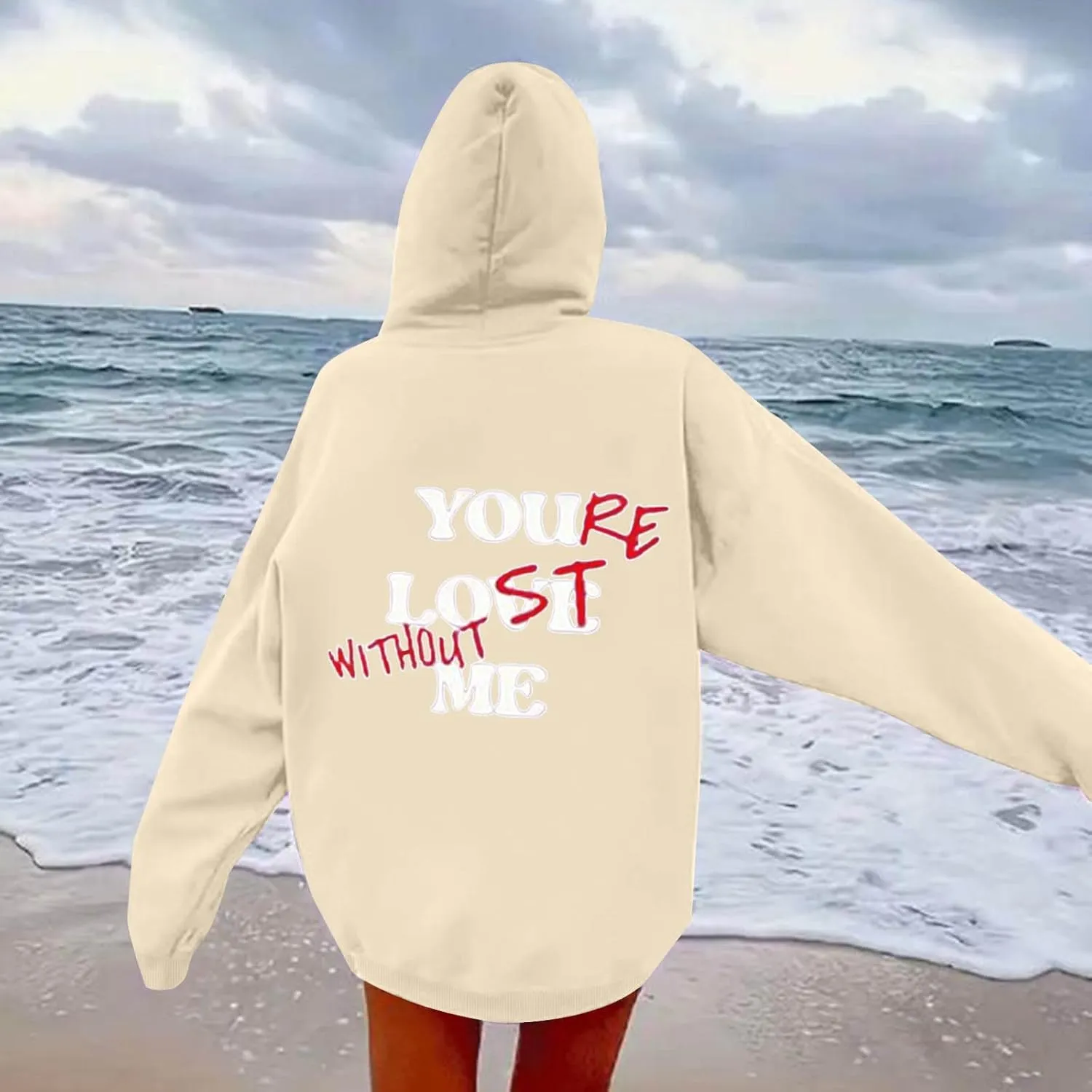 You Love Me Back Letter Print Oversize Hoodies Women Drop Shoulder Long Sleeve Pullover Tops Hooded Fleece Fall Sweatshirts