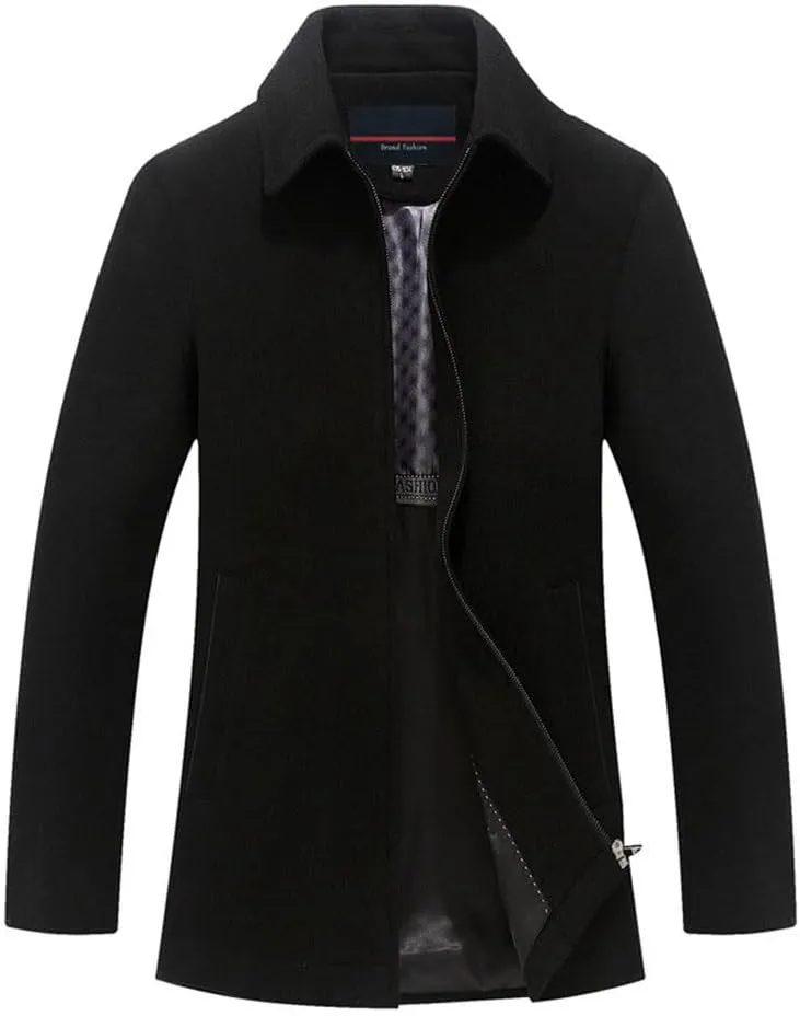 Youllyuu Men's Wool Blend Business Jackets Coat Zipper Woolen Peacoats Solid Lapel Overcoats