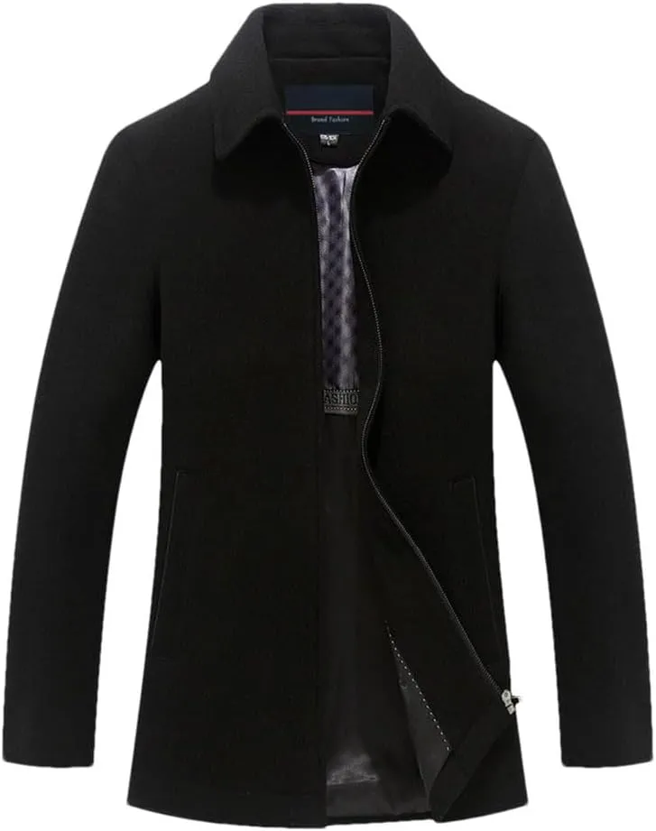 Youllyuu Men's Wool Blend Business Jackets Coat Zipper Woolen Peacoats Solid Lapel Overcoats