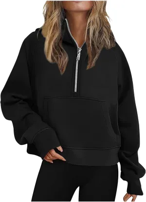 YRAETENM Half Zip Sweatshirt Women Oversized Cropped Fleece Jackets Long Sleeve Workout Hoodies Fall Clothes with Pockets